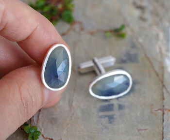 Natural Blue Sapphire Cufflinks In Solid Silver, 2 of 4