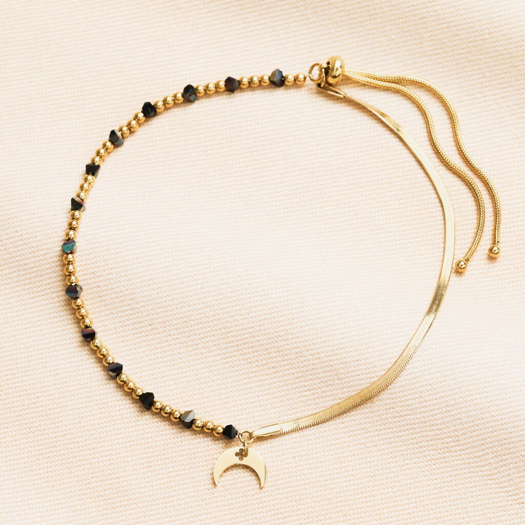 Stainless Steel Double Layer Moon Charm Beaded Anklet In Gold