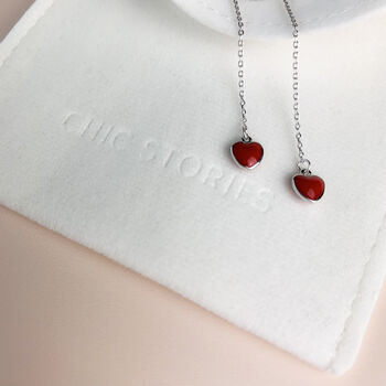 Sterling Silver Tiny Red Heart Threader Earrings, 5 of 5