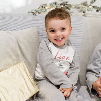Personalised Grey Polar Bear Kids Christmas Pyjamas, 5 of 12
