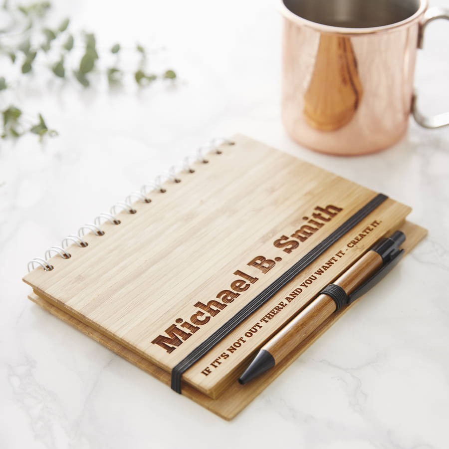 personalised wooden notebook set for him by sophia victoria joy