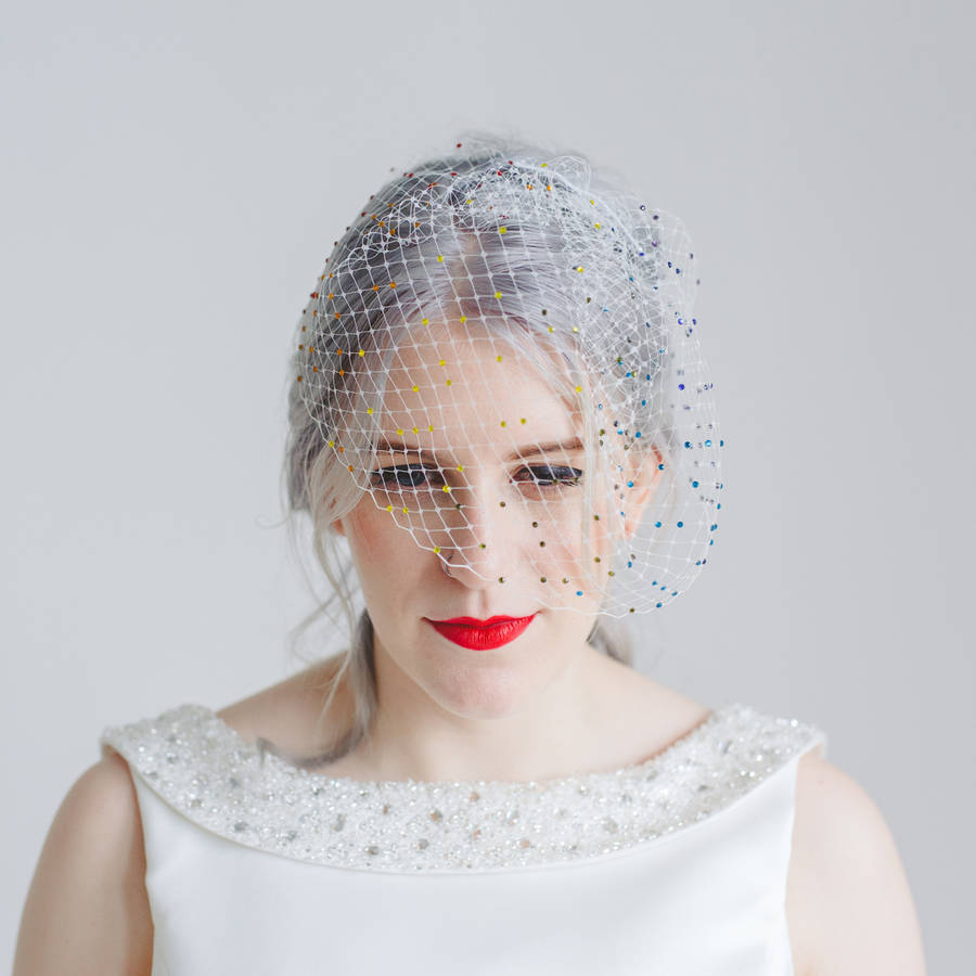 Rainbow Gem Birdcage Veil By Crown and Glory