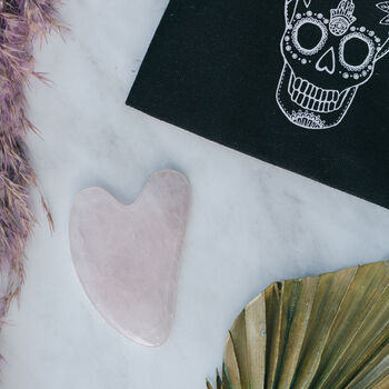 Rose Quartz Crystal Gua Sha With Black Skull Pouch, 5 of 6