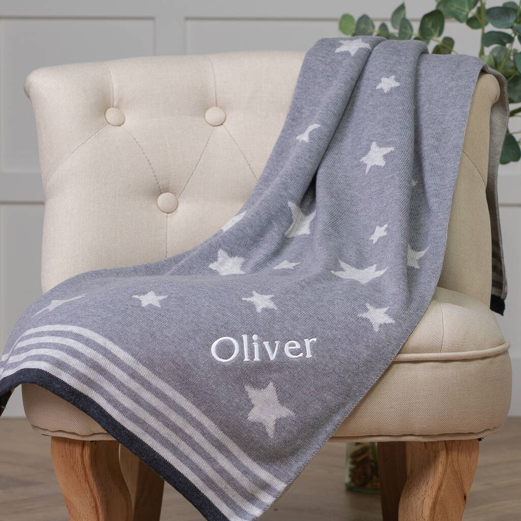Personalised Ziggle Stars Knitted Grey Baby Blanket, 1 of 6