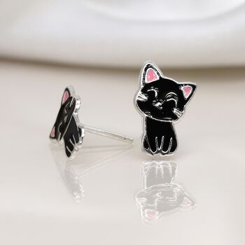 Girls Sterling Silver Black Cat Stud Earrings, 5 of 6