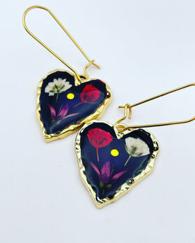 Pressed Flowers Black Heart Earrings Small Hand Made, 4 of 12