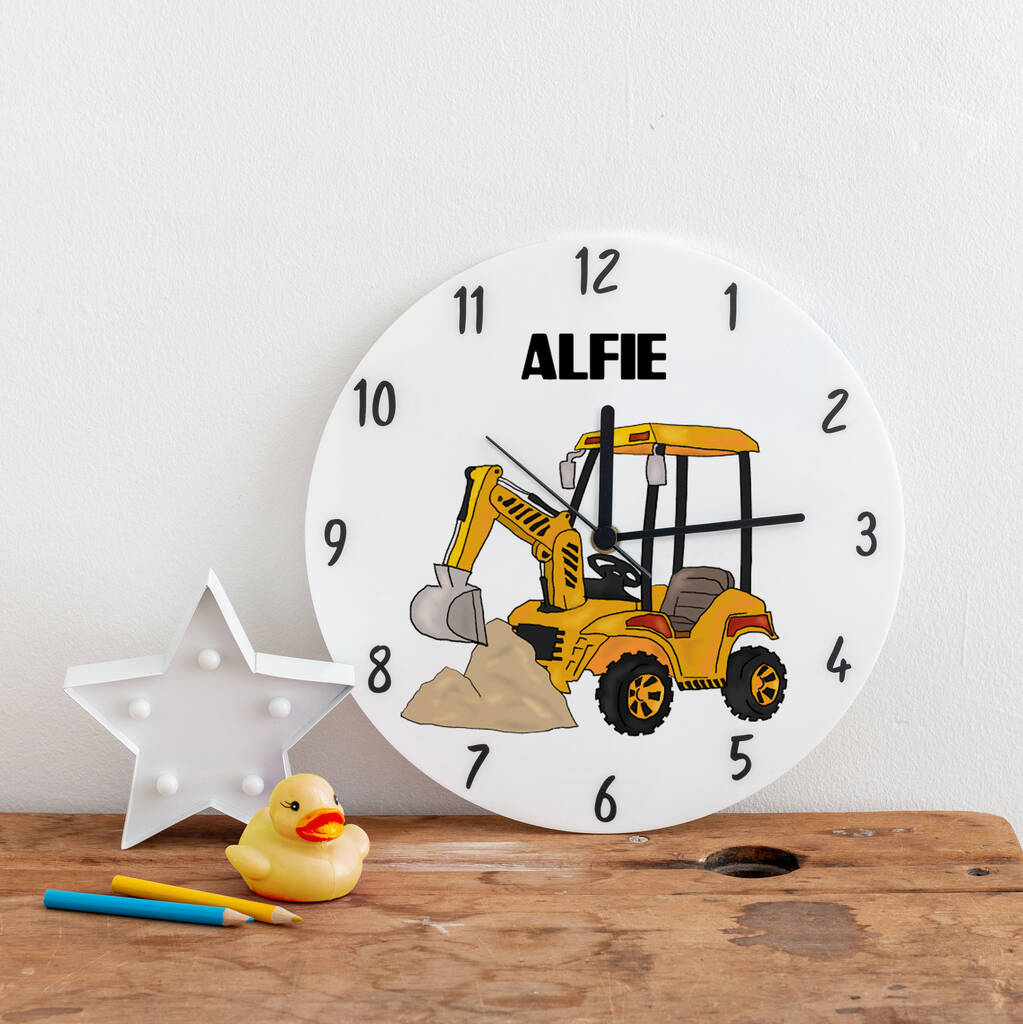 Children's Personalised Digger Bedroom Clock By The Gifting Knot