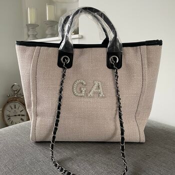 Personalised White And Black Large Chain Tote Beach Bag, 5 of 9