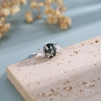 Sterling Silver Oval Cabochon Moss Agate With Cz Engagement Ring, 2 of 12