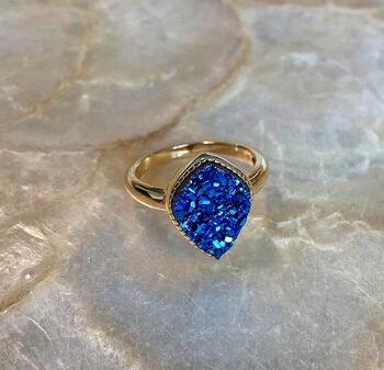 Blue Druzy Crystal Teardrop 18k Gold Plated Ring, 4 of 6