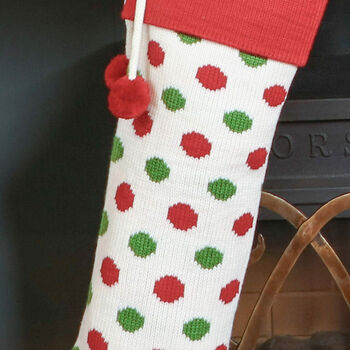 Personalised Polka Dot Knitted Stocking With Pom Poms, 8 of 9