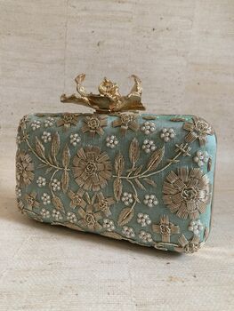 Mint Green Handcrafted Flower Clasp Clutch Bag, 3 of 9