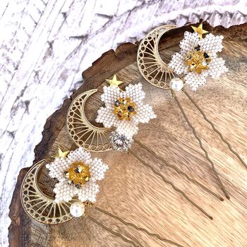 Set Of Three Floral And Celestial Bridal Hairpins, 5 of 10