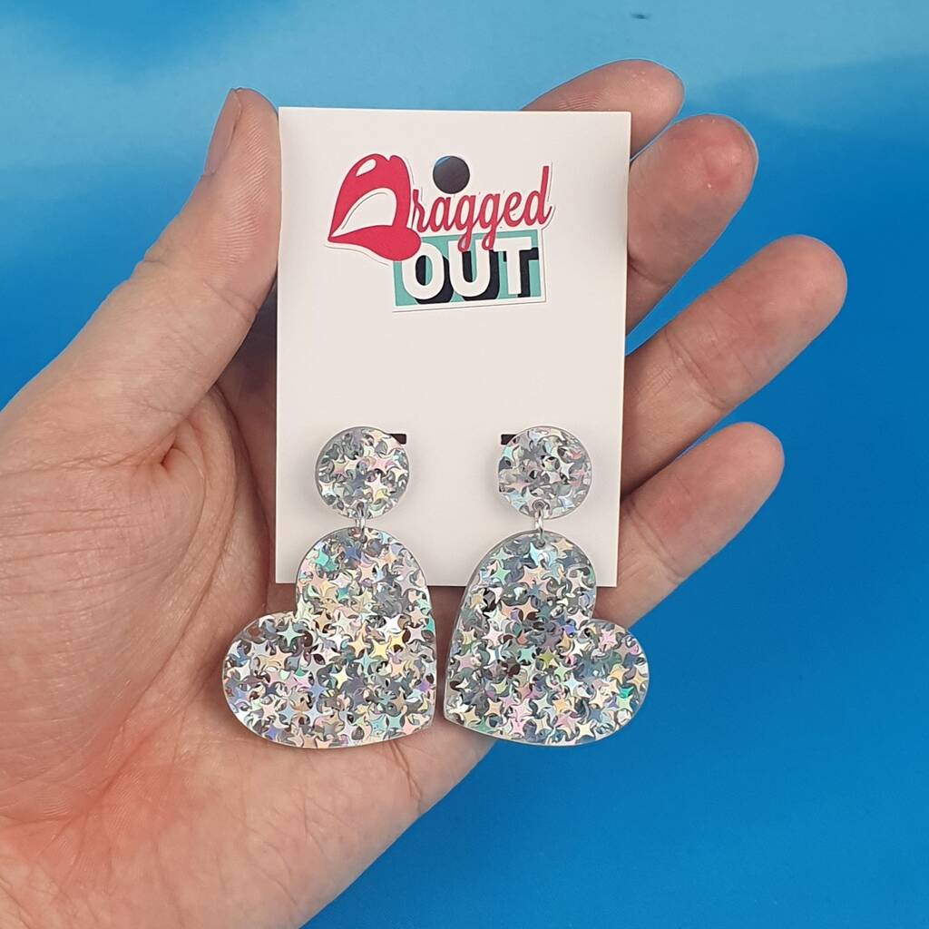 Glitter Silver Love Heart Acrylic Earrings