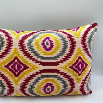 Oblong Ikat Velvet Cushion Multi Coloured Circles, 3 of 9