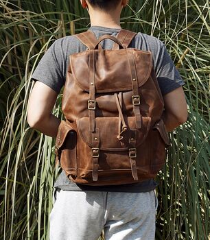 Military Style Genuine Leather Backpack In Tan, 3 of 12