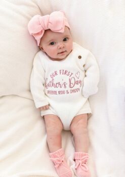 Our First Father's Day Embroidered Personalised Baby Romper Three Colours Available, 3 of 7