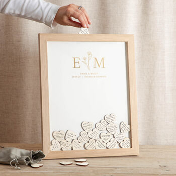 Wedding Guest Drop Frame With 140 Wooden Hearts - Rustic Brown Guest Book Alternative & Photo Display