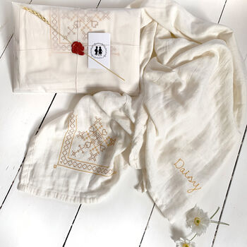 Organic Personalised Embroidered Large Muslin Swaddle, 2 of 7