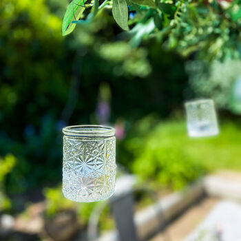 Two Pressed Glass Tea Light Holders With Wire Hanger, 3 of 8