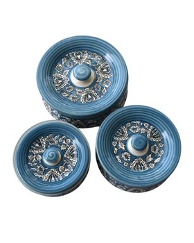 Grey Floral Blue Pottery Serving Handi, 4 of 4