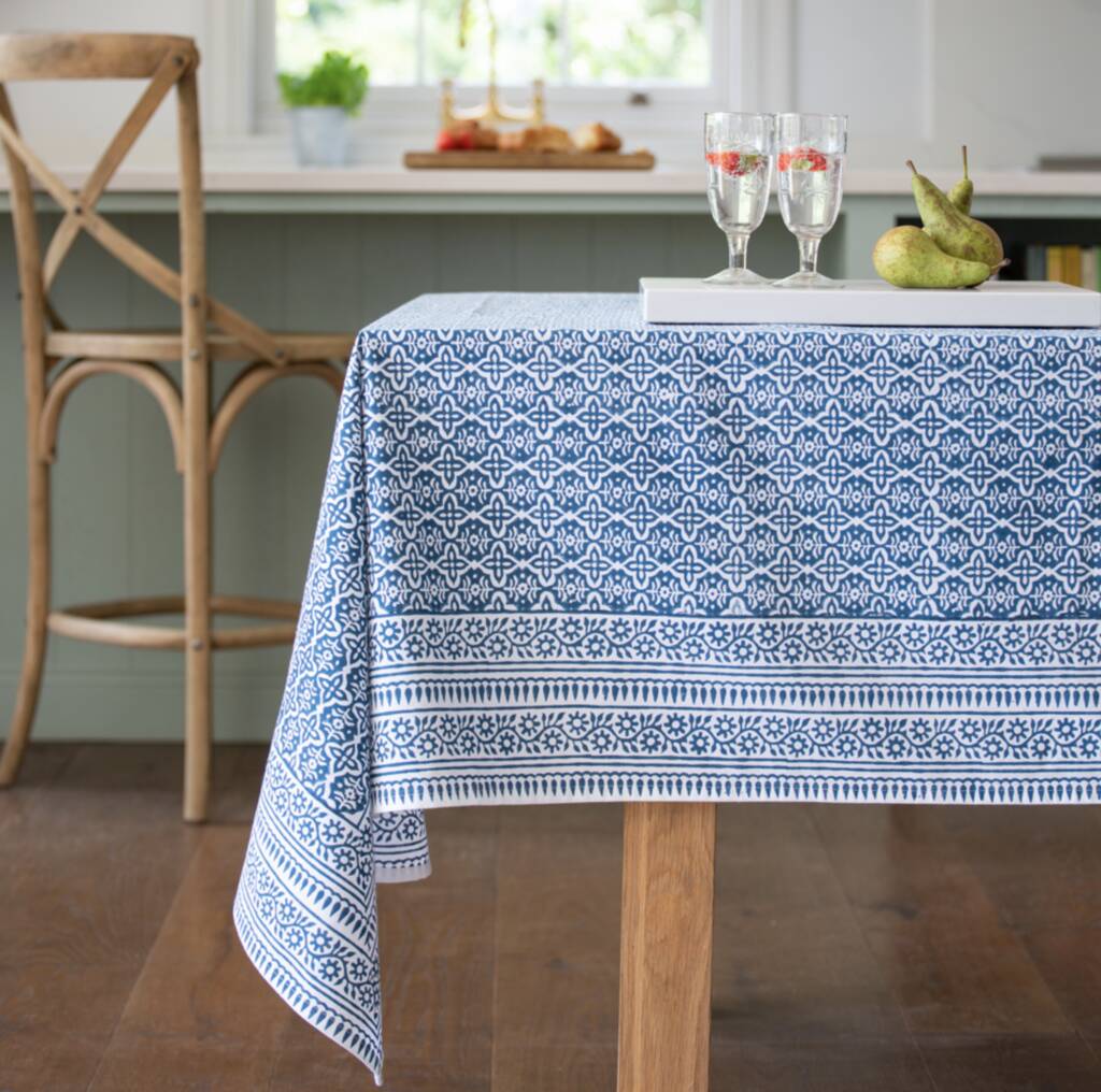 Sapphire Blue Cotton Hand Block Printed Tablecloth, 1 of 2