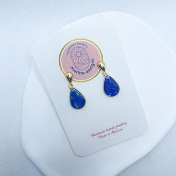 Royal Blue Dainty Teardrop Stud Gold Earrings, 6 of 9