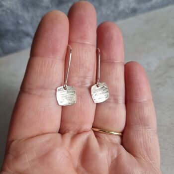Silver Textured Drop Square Earrings, 2 of 4
