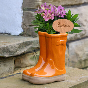 Set Of Two Personalised Orange Welly Planters, 3 of 9