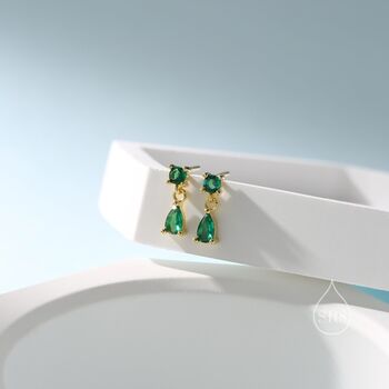Emerald Green Double Cz Stud Earrings Sterling Silver, 3 of 10