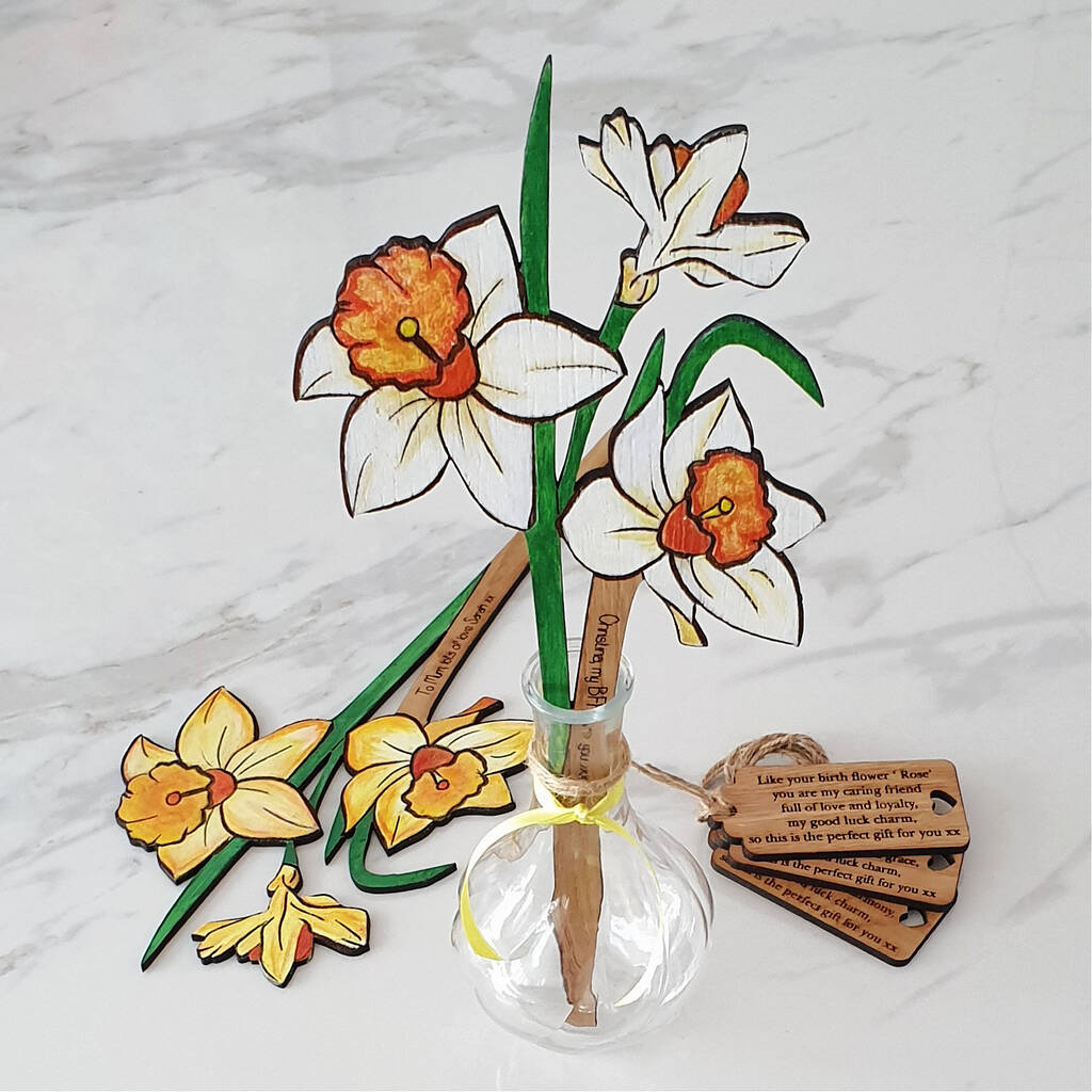 Wooden Painted Narcissus Birth Flower December In Vase, 1 of 5
