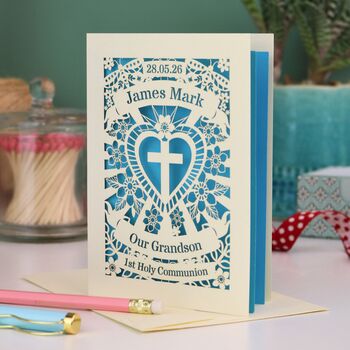 Personalised Papercut First Holy Communion Card My/Our Grandson, 3 of 5