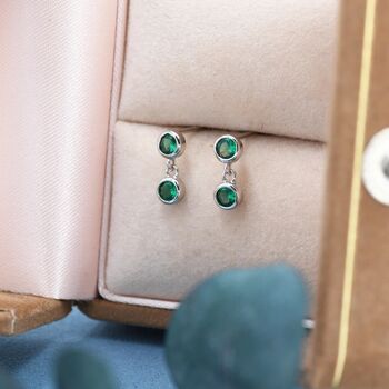 Emerald Green Double Cz Dangle Stud Earrings, 3 of 11
