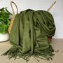 Super Soft Plain Pashmina Tassel Scarf In Army Green, thumbnail 1 of 4