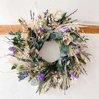 Preserved Foliage Wreath With Purple Flowers, 5 of 5
