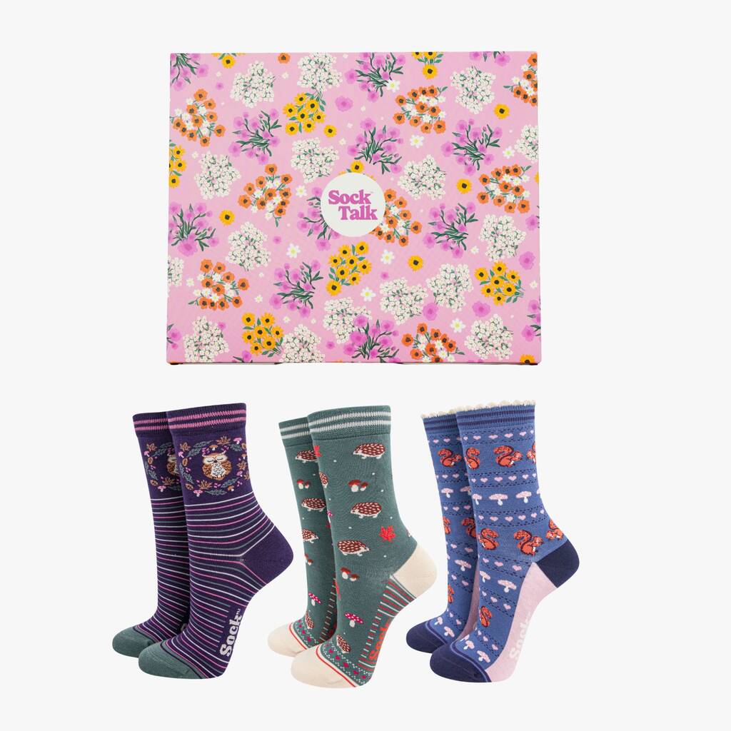 Woodland Animals Bamboo Socks Floral Gift Box Set Women's, 1 of 4
