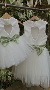 Duchess Satin Flower Girl Dress – Pearl Heart Back And Tulle Skirt Handmade UK, 7 of 8