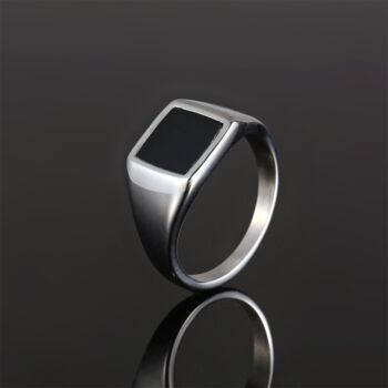 Square Signet Onyx Ring Polished Steel Ring For Men, 5 of 12