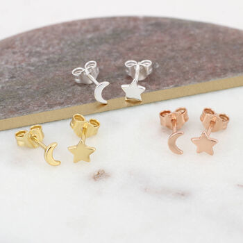 Gold Or Silver Mismatched Moon And Star Stud Earrings, 2 of 6