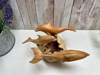 Hand Carved Wooden Dolphin Family Sculpture Ornament, 5 of 10