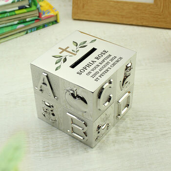 Personalised Religious Cross Abc Money Box – Baby Keepsake For Christening Or New Baby Gift, 2 of 4