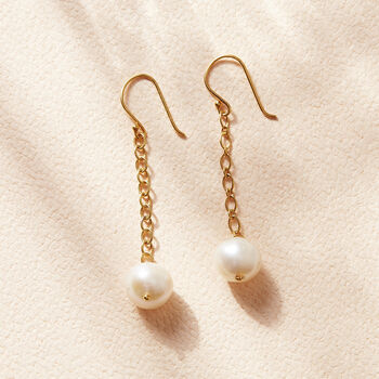 White Pearl Gold Plated Silver Chain Earrings, 2 of 5