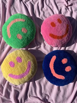 Handmade Tufted Yellow And Pink Smiley Face Cushion, 2 of 5