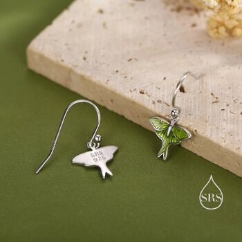 Sterling Silver Lunar Moth Enamel Drop Hook Earrings, 3 of 10