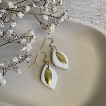 White Ceramic Leaf Earrings Gold Plated, 2 of 7