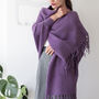 Feather Trim Sleeved Pile Weave Soft Blanket Poncho, thumbnail 3 of 9