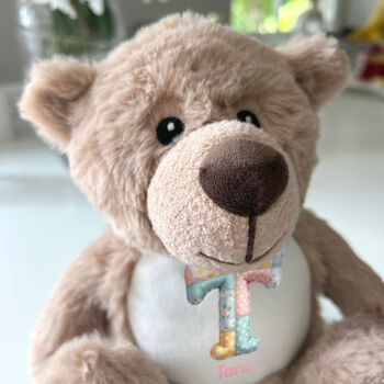 Personalised Patchwork Alphabet Brown New Baby Teddy Bear, 5 of 5
