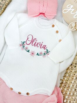 White Personalised Floral Embroidered Long Sleeve Romper, 8 of 12