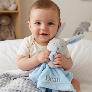 Personalised Blue Bunny Rabbit Baby Comforter, 2 of 8