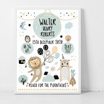 Personalised Keepsake Birth Print Mint Grey Animals, 3 of 4